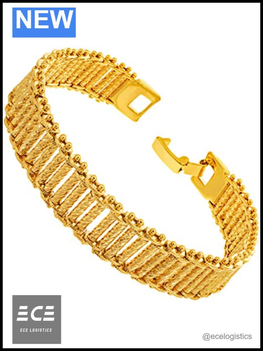 24k Real Gold Plated Diamond Cut Riccio Bar Bracelet Link Unisex